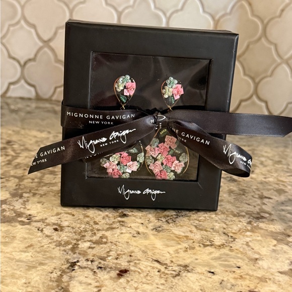 Mignonne Gavigan Floral Drop Earrings with Pink and Green Accents - Picture 3 of 3